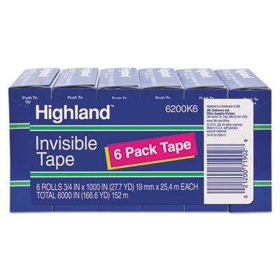 3M 6200341000 Invisible Tape, 1-Inch Core, 3/4-Inch x1000-Inch, 6/PK, Clear