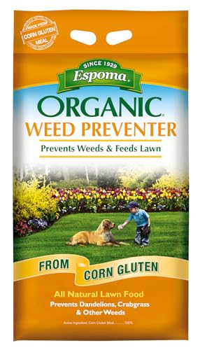 Espoma Organic Weed Preventer Plus Lawn Food from 100% Corn Gluten Meal. Helps Prevent Weed Seed Establishment and Provides Organic nitrogen That Keeps lawns a deep Green Color. 25 lb. Bag