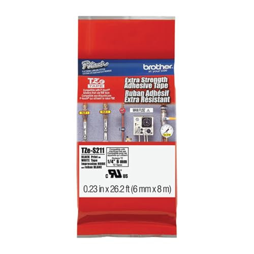 Brother Genuine P-touch TZE-S211 Tape, 1/4" (0.23") Wide Extra-Strength Adhesive Laminated Tape, Black on White, Laminated for Indoor or Outdoor Use, Water-Resistant,0.23" x 26.2' (6mm x 8M), TZE-S211