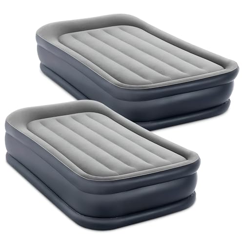 Intex Dura Beam Deluxe Pillow Raised Inflatable Velvet Fiber-Tech Airbed Mattress with Built in Pump & Portable Storage Carrying Case, Twin (2 Pack)