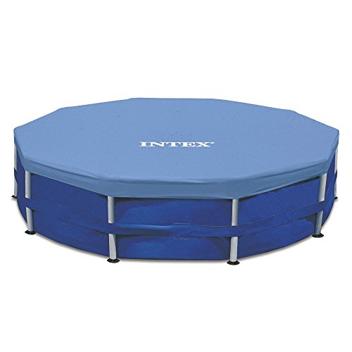 INTEX 28032E Pool Cover: for 15ft Round Metal Frame Pools – Includes Rope Tie – Drain Holes – 10in Overhang – Snug Fit