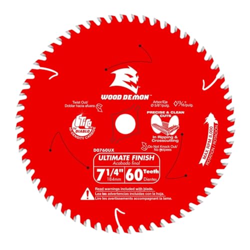 Diablo Wood Demon Ultimate Finish Carbide Circular Saw Blade - Ideal for Professional Use and DIYers - 7-1/4" Diameter, 60 Hi-ATB Teeth, 8,000 Max RPM - D0760UXA