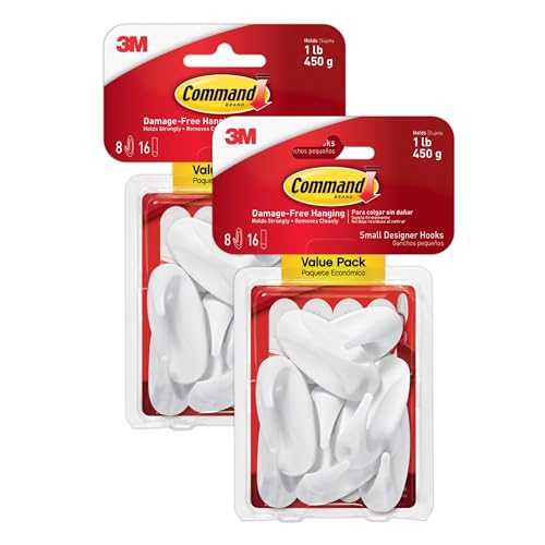 Command Small Designer Hooks, 2-Pack of 8 Wall Hooks and 16 Strips, Damage-Free Hanging for Decorations in Living Spaces, Holds up to 1 lb