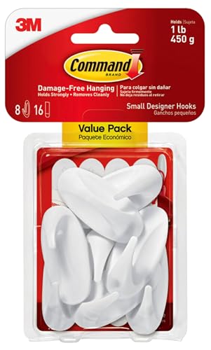 Command Small Designer Hooks, 2-Pack of 8 Wall Hooks and 16 Strips, Damage-Free Hanging for Decorations in Living Spaces, Holds up to 1 lb