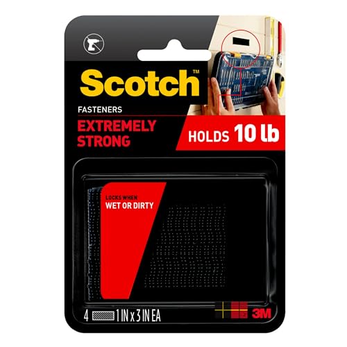 Scotch Extreme Interlocking Fasteners, 4 Strips, 1" x 3", Delivers Powerful Bond on Contact, Weather, Dirt & UV Resistant, 1 Set Holds 2 lbs., Designed with Reclosable Dual-Lock Technology (RF6731)