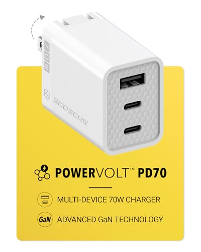 Scosche PowerVolt 70W Fast Charging Compact 3-Port Wall Charger Block, Dual USB-C & USB-A GaN Power Delivery Adapter with Foldable Plug for iPhone 16/15 Pro, iPad, MacBook Air, Galaxy S25/S24 & More