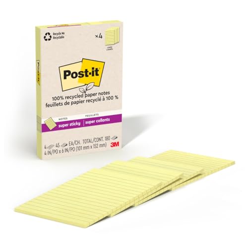 Post-it Super Sticky 100% Recycled Notes, 4 Sticky Note Pads, 4 x 6 in., 2X The Sticking Power, New Year Organization or Second Semester School Supplies, Canary Yellow