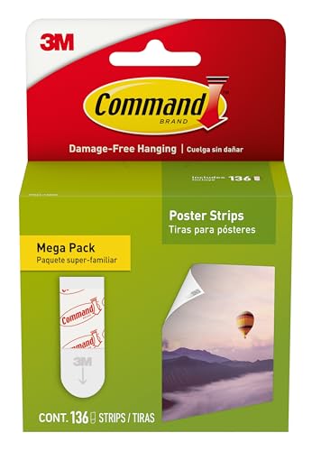 Command Poster Strips Mega Pack, 136 Command Strips Damage-Free Hanging Poster Hangers, No Tools Great for Holiday Posters and Christmas Decorations, White Adhesive
