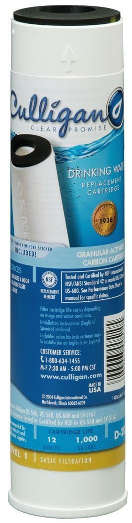 Culligan D-20 Undersink Water Filter Replacement Cartridge for Water Filtration System - Easy Installation & Compatible Design Fits Standard Underskink Systems, Redcuces Sediment, Rust, Dirt & Scale