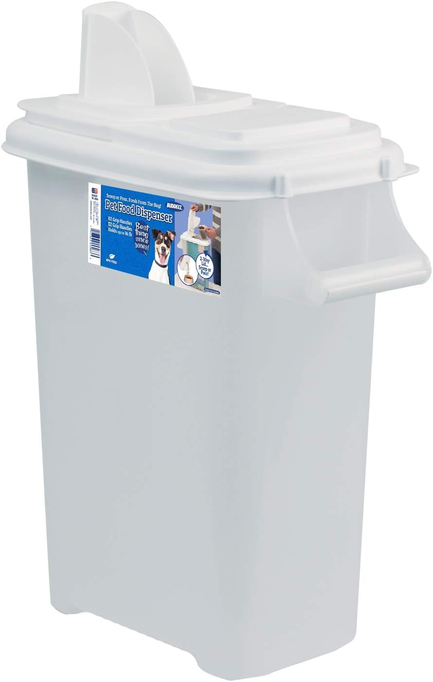 Buddeez Pet Food Storage Container - 16 LB Capacity Dog Food Storage Container, Cat Food Container, Bird Seed Storage Container with Durable EZ Grip Handle and EZ Flip Lid with Pour Spout (White Lid)