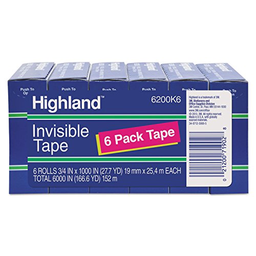 3M 6200341000 Invisible Tape, 1-Inch Core, 3/4-Inch x1000-Inch, 6/PK, Clear