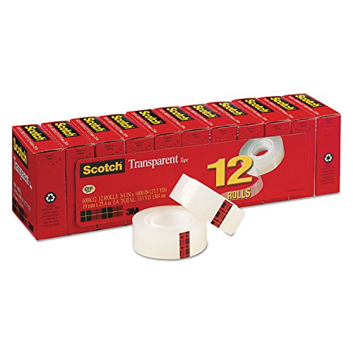 Scotch 600K12 Transparent Tape, Refill, 1-Inch Core, 3/4-Inch x1000-Inch, 12/PK