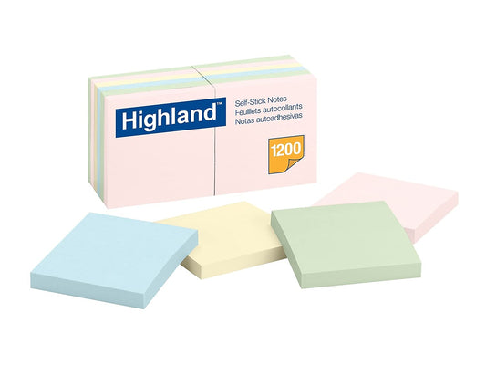 Highland 6549A Self-Stick Notes, 3 x 3, Assorted Pastel, 100-Sheet, 12/Pack