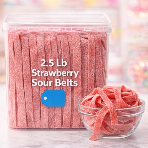Sour Power Premium Strawberry Candy Belts – The Original Sour Candy Since 1985 – 2.5 lb Resealable Bulk Tub – Vegan, Non-GMO, Gelatin Free – Soft, Chewy, Sweet & Tart Retro Treats – Bubble-Wrapped & Boxed for Safe Shipping