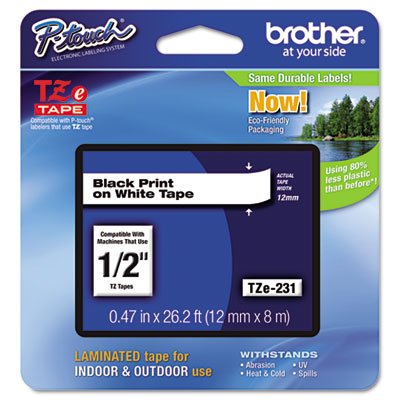 Brother P-Touch TZE2312PK Tze Standard Adhesive 0.47 in. x 26.2 ft. Laminated Labeling Tapes - Black On White (2/Pack)