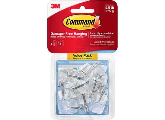 Command 3M 17067Clr9es Clear Hooks & Strips, Plastic/Wire, Small, 9 Hooks W/12 Adhesive Strips/Pack