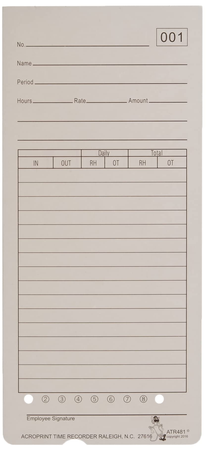 Acroprint 099115000 Time Card for ATR480 Totalizing Electronic Time Clock, 7 1/2 x 3.35, 50 per Pack