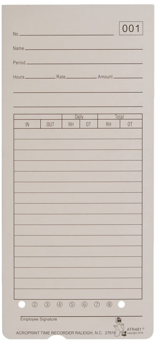 Acroprint 099115000 Time Card for ATR480 Totalizing Electronic Time Clock, 7 1/2 x 3.35, 50 per Pack