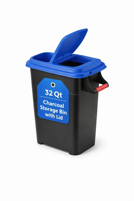 Kingsford Charcoal Storage Bin 22 lb Capacity, Stackable Black Wood or Smoker Pellet Container - Heavy-Duty Grip Handle - Blue Flip Lid
