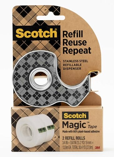 Scotch Magic Tape Stainless Steel Refillable Dispenser with Plant-Based Adhesive Refill Pack, Includes 2 Rolls of Invisible Tape, 3/4 in x 550 in