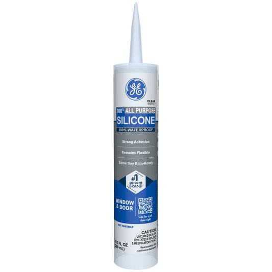 GE All Purpose Silicone Caulk for Window & Door, Clear, 10.1 fl oz Cartridge, 1 Pack - 100% Waterproof Silicone Sealant, Strong Adhesion, Freeze & Sun Proof