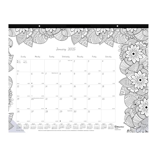 2025 Blueline DoodlePlan Botanica 22-inch x 17-inch Monthly Coloring Desk Pad Calendar, White/Black (C2917311)