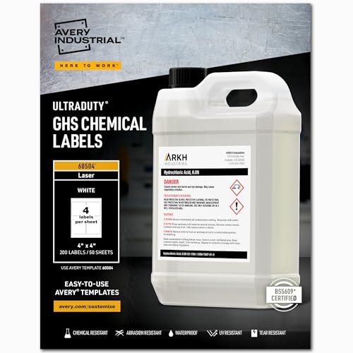 Avery UltraDuty GHS Chemical Labels, 4 x 4, White, 200/Box