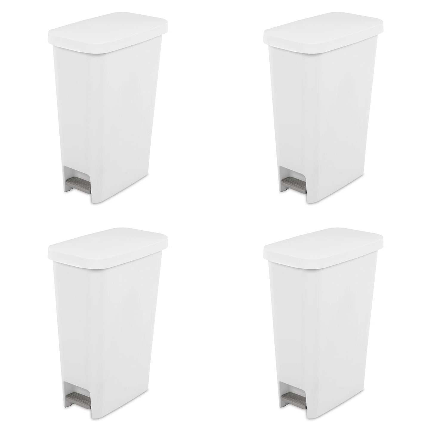 Sterilite 11 Gallon Slim StepOn Wastebasket with Lid, Hands-Free, Space-Saving Trash Can for the Kitchen or Bathroom, White, 4-Pack