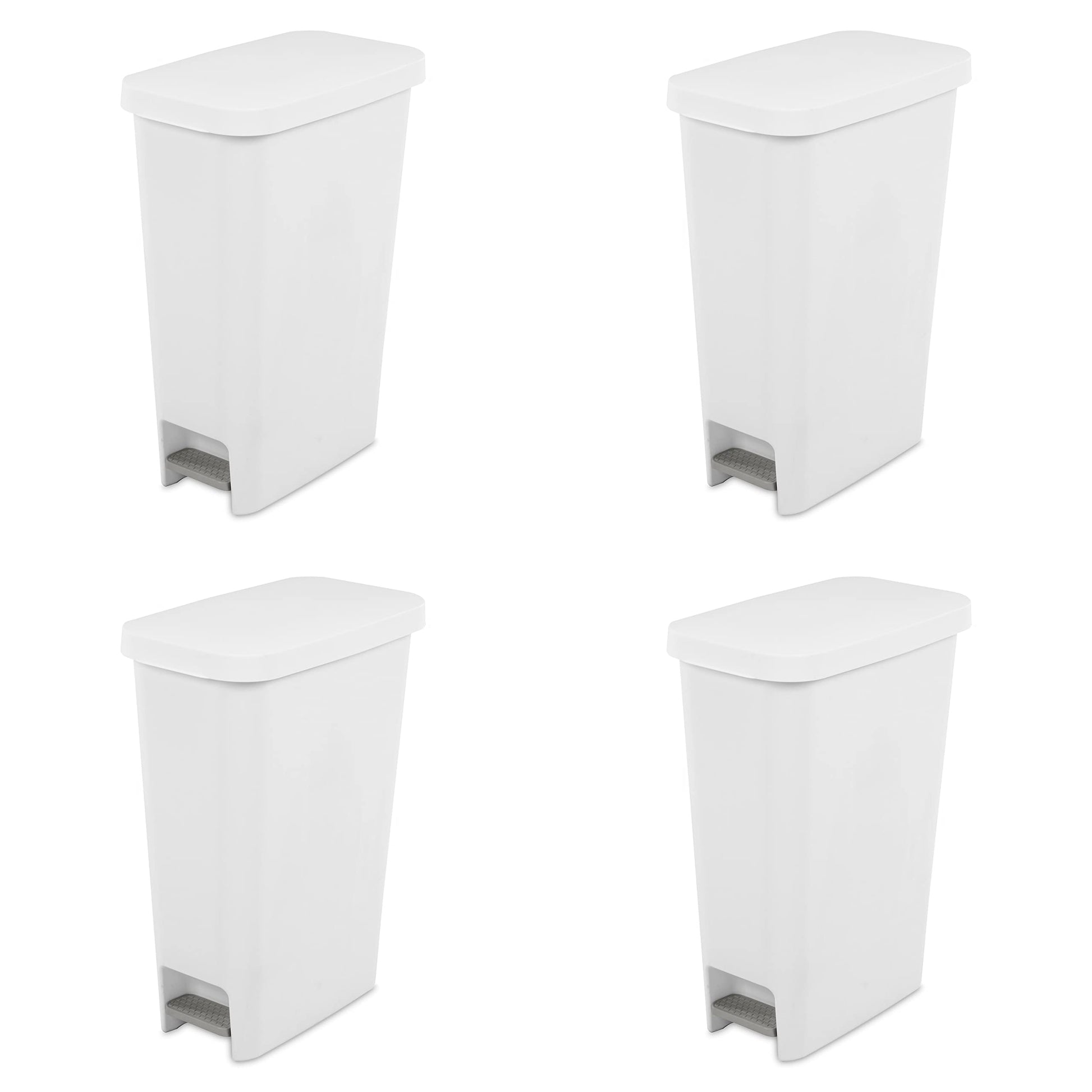 Sterilite 11 Gallon Slim StepOn Wastebasket with Lid, Hands-Free, Space-Saving Trash Can for the Kitchen or Bathroom, White, 4-Pack
