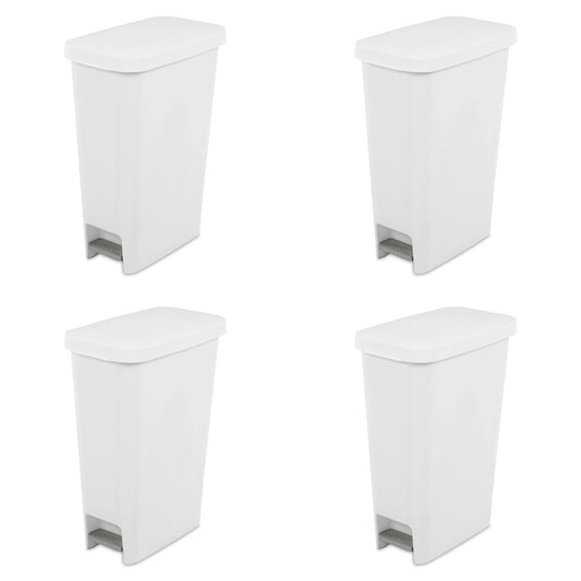 Sterilite 11 Gallon Slim StepOn Wastebasket with Lid, Hands-Free, Space-Saving Trash Can for the Kitchen or Bathroom, White, 4-Pack