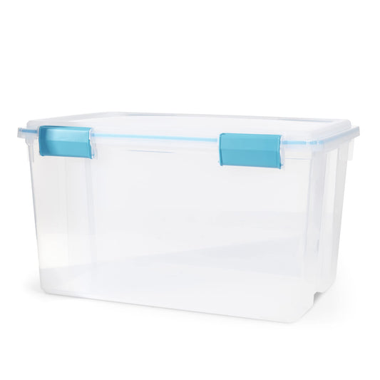 Sterilite 54 Qt Gasket Box, Stackable Storage Bin with Latching Lid and Tight Seal, Plastic Container to Organize Basement, Clear Base and Lid, 1-Pack