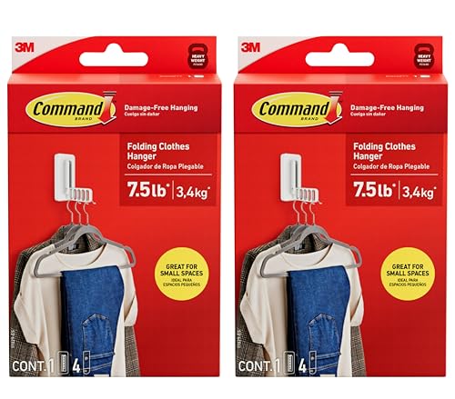 Command Folding Clothes Hanger, Holds up to 5 Hangers 7.5 lb, 1.5lbs per Rung, 1 Hook with 5 Rungs, 4 Strips, Closet Organizer, Home Organization (2 Pack)