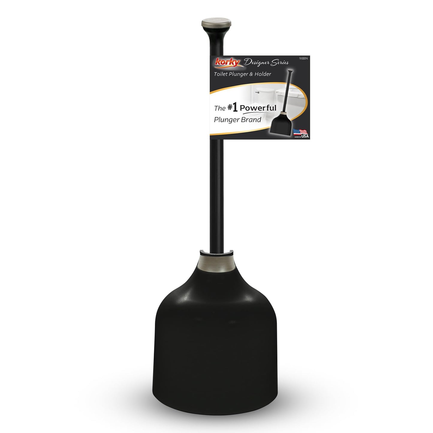 Korky Black Toilet Plunger and Holder – Heavy Duty Compact Design – Fast Clog Removal – Easy to Clean - Made in USA