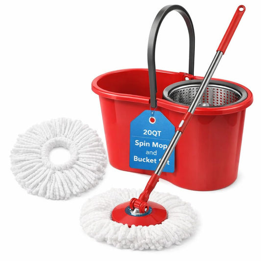 Spin Mop and Bucket with Wringer Set, 360° Spinning Mop and Bucket System with Double Cotton Tip Replacement Heads and Stainless Steel Adjustable Handle for Floor Cleaning (20QT)