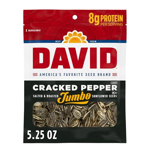DAVID Roasted and Salted Cracked Pepper Jumbo Sunflower Seeds, Keto Friendly, 5.25 oz, 12 Pack