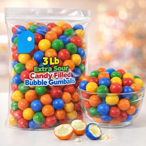 Extra Sour Candy Filled Bubble Gumballs – 3 lb Bulk Bag, Individually Wrapped Sour Gumballs with Candy Filling