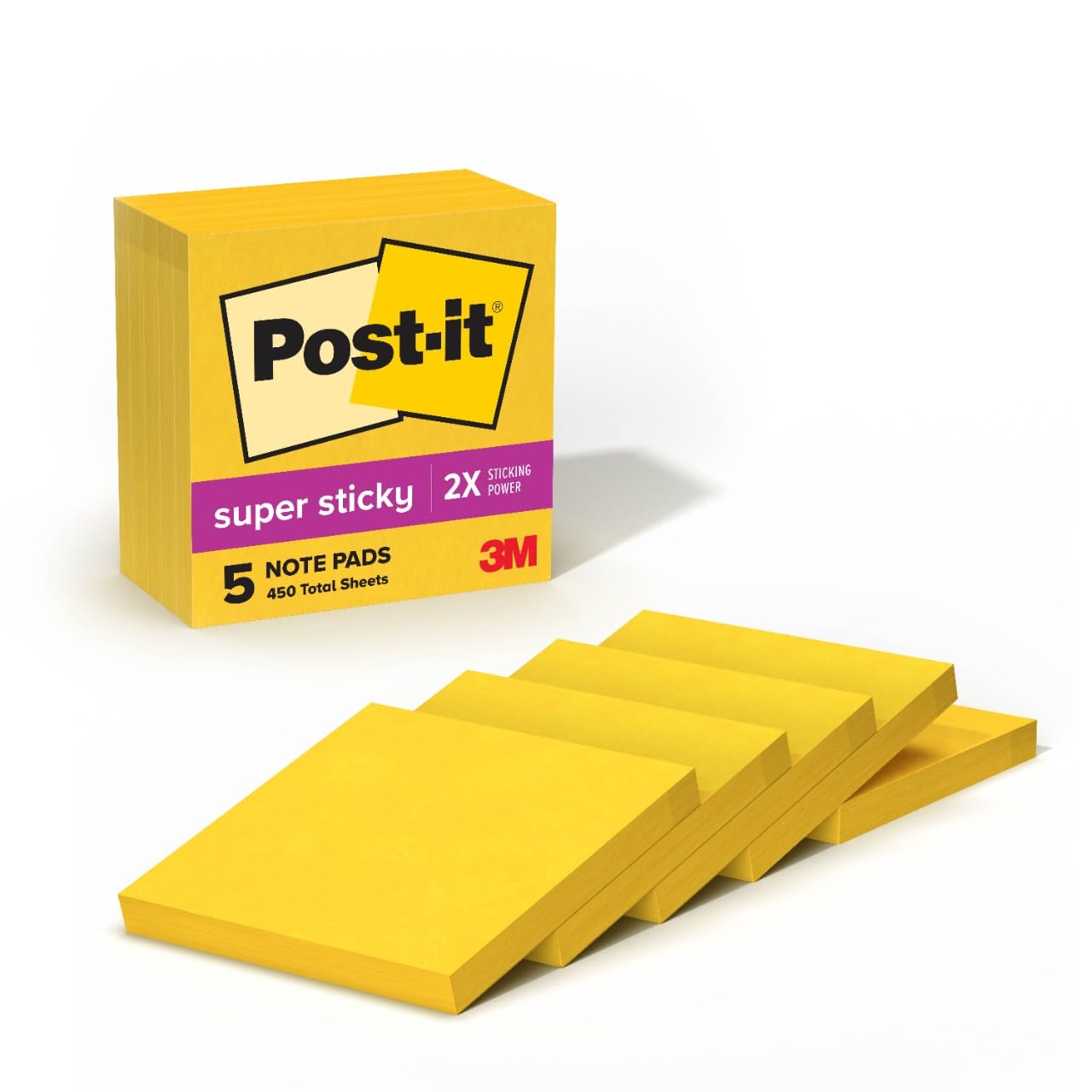 Post-it Super Sticky Notes, 5 Sticky Note Pads, 3 x 3 in., School Supplies, Office Products, Sticky Notes for Vertical Surfaces, Monitors, Walls and Windows, Sunnyside Yellow