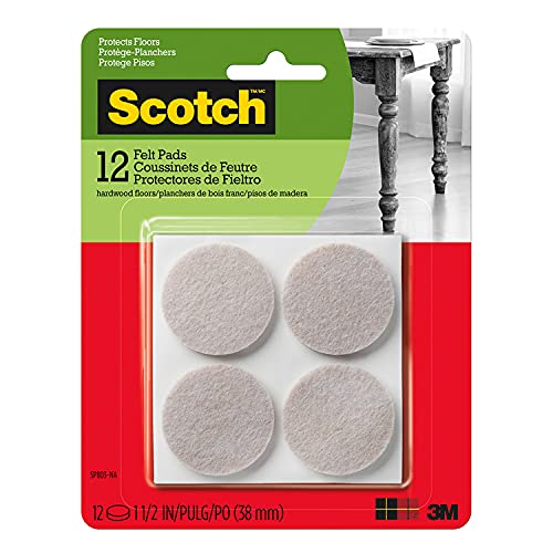 Scotch Felt Pads 12 PCS Beige, Felt Furniture Pads for Protecting Hardwood Floors, 1.5" inch Round, Easy-to-apply, Self-Stick design, Reliable protection from nicks, dents and scratches (SP803-NA)