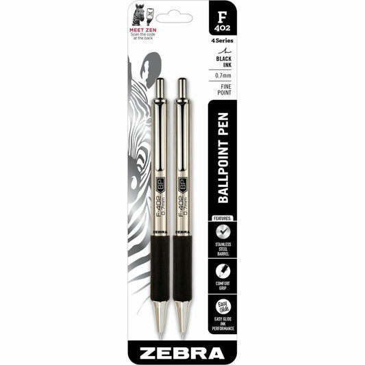 Zebra Pen F-402 Ballpoint Pen, Retractable, 0.7mm, Black, 2 Pack (29212)