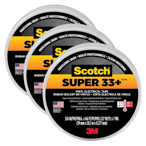 3M Scotch Super 33+ Polyvinyl Chloride Plastic Electrical Tape, 0 to 220 Degree F, 1150mV Dielectric Strength, 66' Length x 3/4" Width, Black