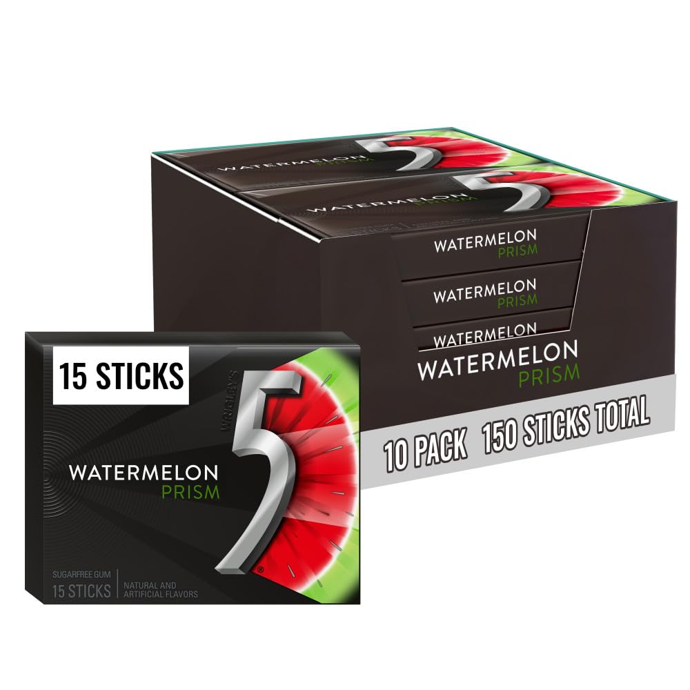 5 Gum Watermelon Prism Sugar Free Chewing Gum 15 Stick Box 10 Pack