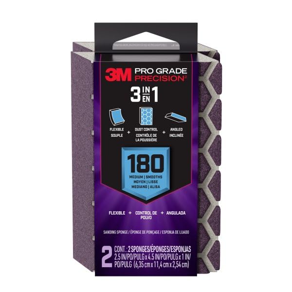 3M Pro Grade Precision 3-in-1 Sanding Sponge, 180 Grit, 2-Pack