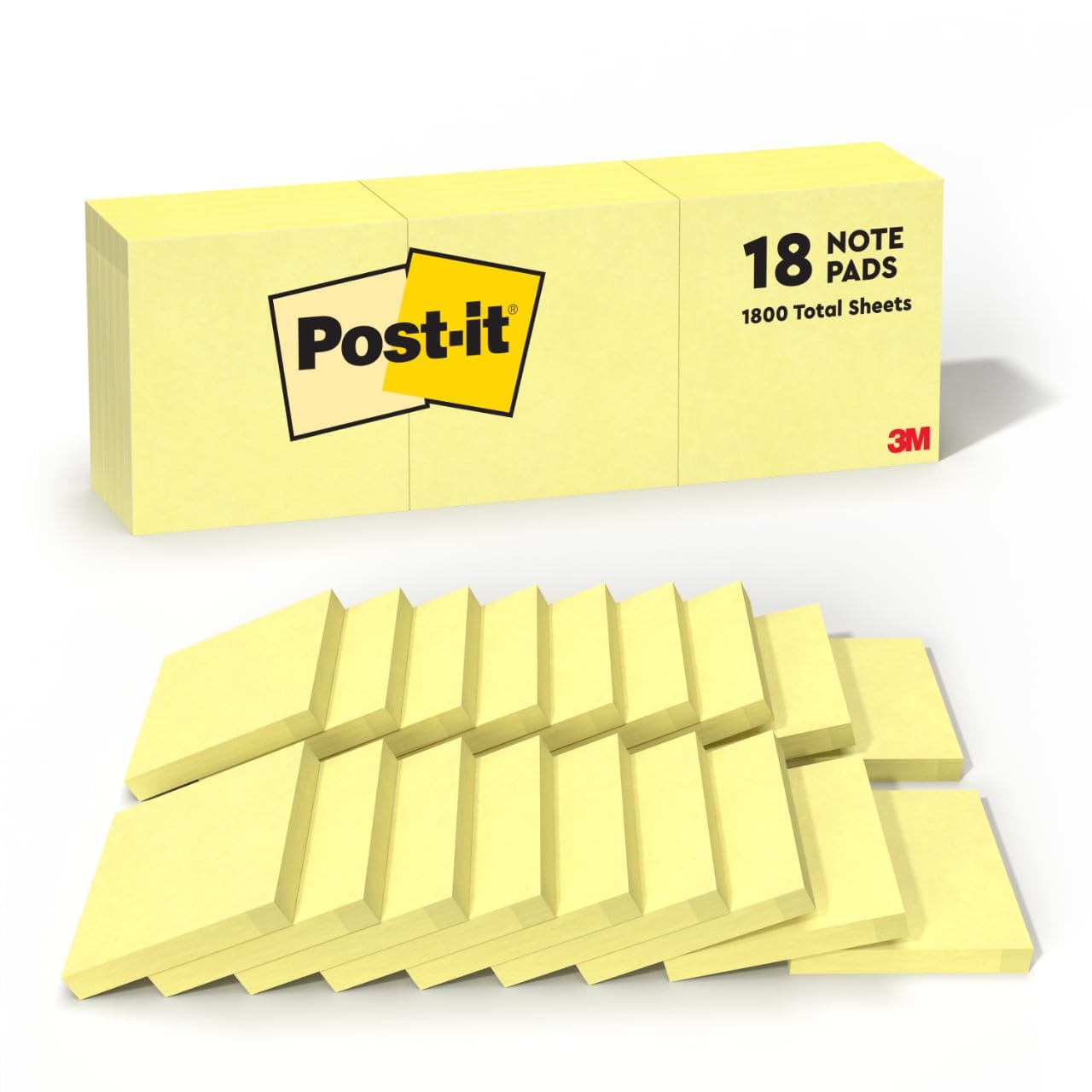 Post-it Notes, 3 in x 3 in, 18 Sticky Notes Pads, 100 Sheets per Pad, The Iconic Canary Yellow Note, School Supplies and O•ÂÄce Products
