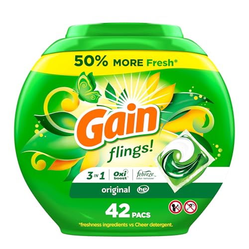 Gain Flings Laundry Detergent Pacs, 31 Count, Original Scent, 3 in 1 HE Detergent Pacs with Oxi Boost and Febreeze