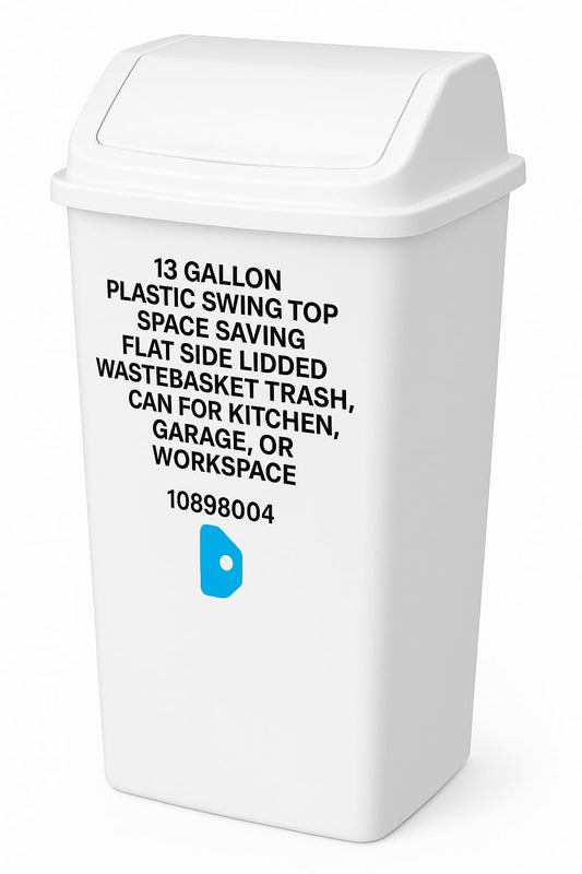 Sterilite 13 Gallon Plastic Swing Top Spave Saving Flat Side Lidded Wastebasket Trash Can for Kitchen, Garage, or Workspace, White