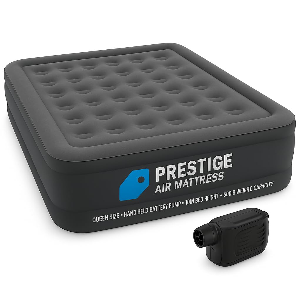 Intex 64779E Dura-Beam Standard Prestige Air Mattress: Fiber-Tech - Queen Size - Hand-Held Battery Pump - 10in Bed Height - 600lb Weight Capacity