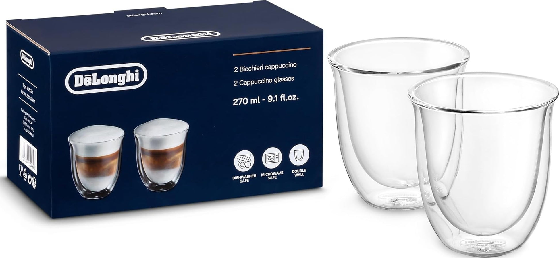 De'Longhi 5513214601 Cappuccino Glasses, 270 milliliters