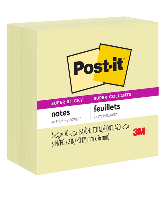 Post-it Super Sticky Notes, 3x3 in, 6 Pads, 2X The Sticking Power, Canary Yellow (654-6SSCY)