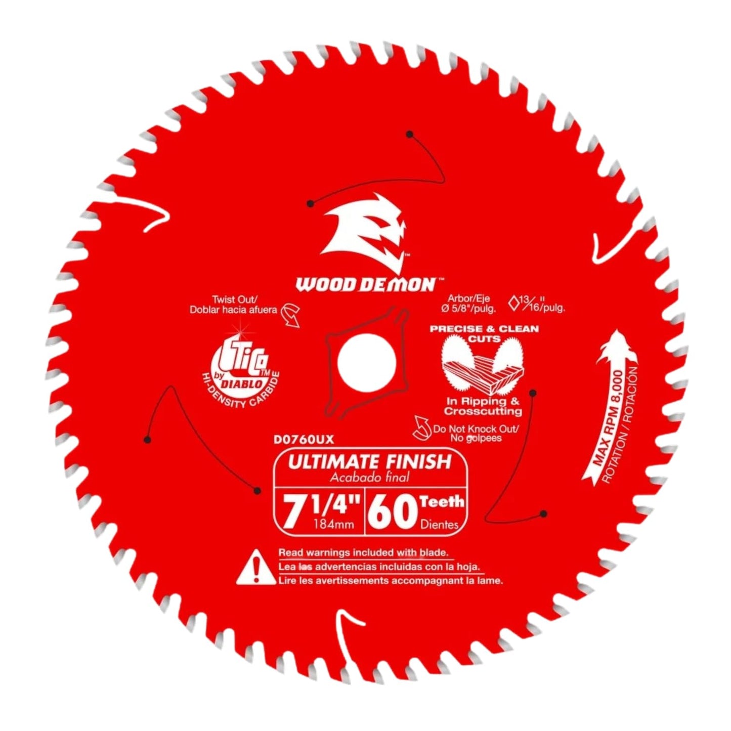 Diablo Wood Demon Ultimate Finish Carbide Circular Saw Blade - Ideal for Professional Use and DIYers - 7-1/4" Diameter, 60 Hi-ATB Teeth, 8,000 Max RPM - D0760UXA