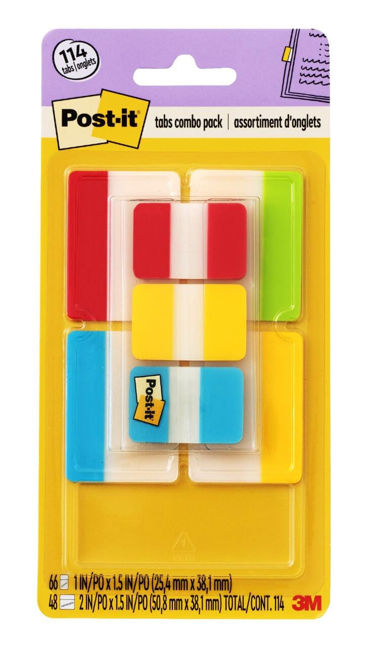 Post-it Tabs Value Pack, Assorted Primary Colors, 1 in. and 2 in. Sizes, 114 Tabs